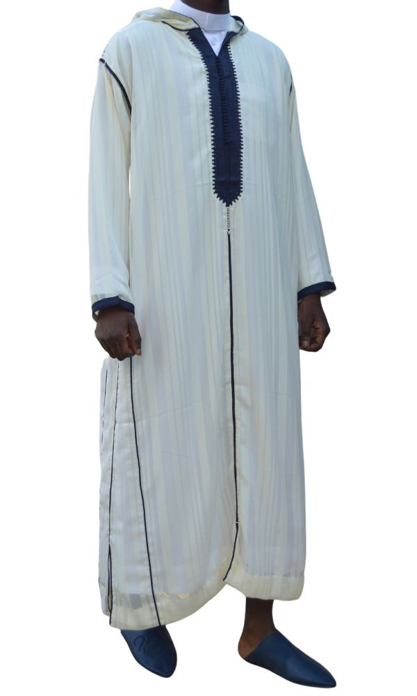 Djellaba homme en mousseline - Blanc et bleu (Tailles : XL - Couleurs : Blanc)